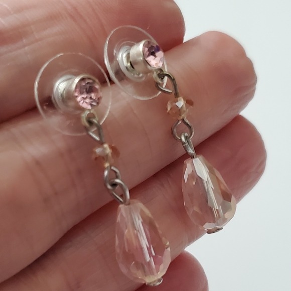 Vintage glass crystal pink drop earrings CZ stones silver elegant - Picture 3 of 8